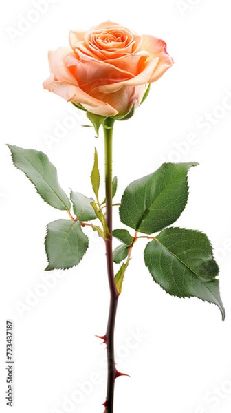 Fototapeta A stunning peach rose with delicate petals and green leaves, isolated on a white background. The image captures the rose’s natural beauty, making it ideal for various designs and themes.