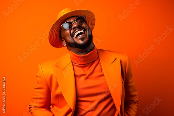 Fototapeta Artistic portrait of a stylish African-American man laughing on an orange background, vibrant colors. Generative AI