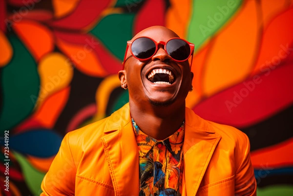 Fototapeta Artistic portrait of a happy African-American man with a lot of style laughing, background mural, vibrant colors. Generative AI