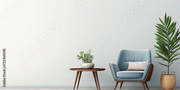 Fototapeta Modern living room interior design with armchair, sofa, plants, painting, wooden furniture, side table, and elegant accessories. Template with copy space.