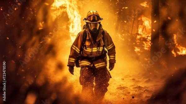 Fototapeta Firefighter man in the middle of fire putting out a forest fire