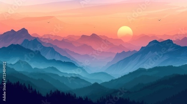 Fototapeta Vector illustration of a mountain landscape at sunset, with rolling hills, towering peaks, and a diverse ecosystem, serene and majestic