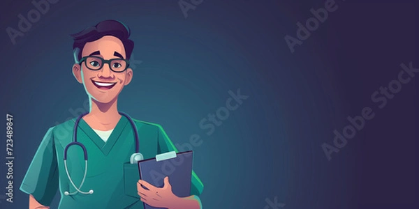 Obraz Cheerful cartoon doctor with clipboard