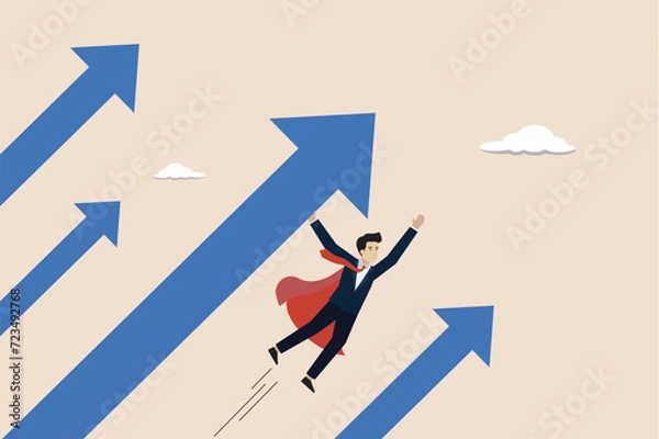 Fototapeta Growing business forward to success, economic or work performance rising up, effort to drive career success, businessman superhero flying with rising arrow.