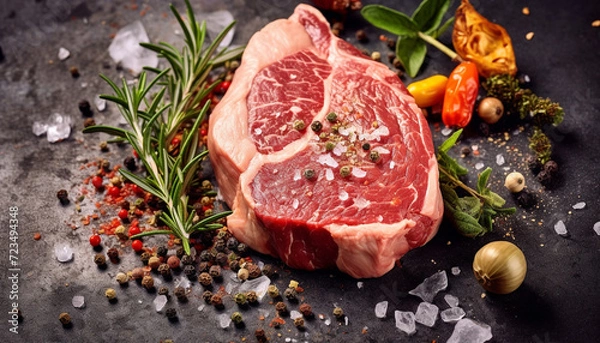 Fototapeta Freshness and flavor on a rustic wooden table grilled sirloin steak generated by AI