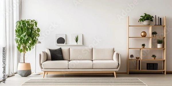 Fototapeta Modern living room in modern apartment with white walls, featuring sofa, shelf, and rug.