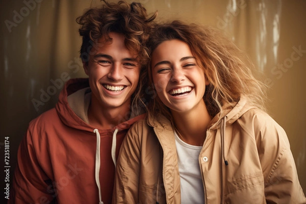 Fototapeta Young smiling couple looking at camera