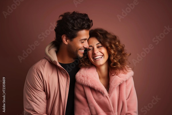 Fototapeta Romantic couple embracing, posing together over dark pink background in studio