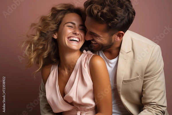 Fototapeta Loving couple laughing at each other, Studio portrait with pink theme