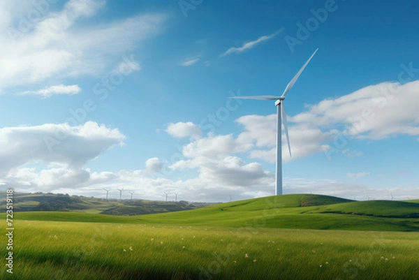 Fototapeta Wind turbine in green field symbolizing sustainable energy, AI Generative.