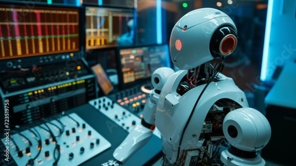 Fototapeta Humanoid AI robot working at the radio station studio, artificial intelligence and entertainment concept