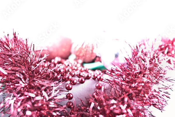 Obraz Red Garland, Beads, and Ornaments on Overexposed Background