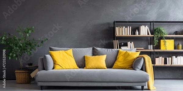 Fototapeta Grey sofa, pillows, and bookshelf in living space.