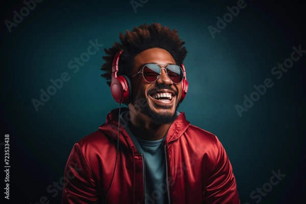 Fototapeta smiling black guy with red headphone and wearing a red jacket in the studio