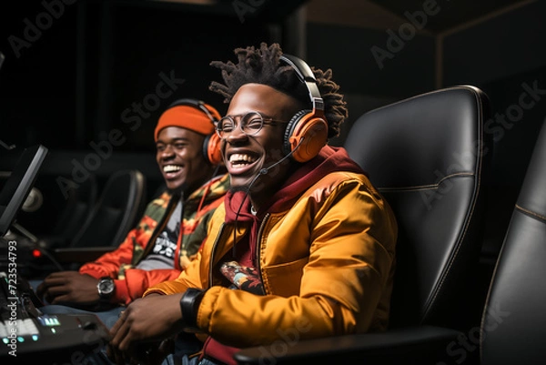 Fototapeta Two smiling boys with headphones while playing computer video games