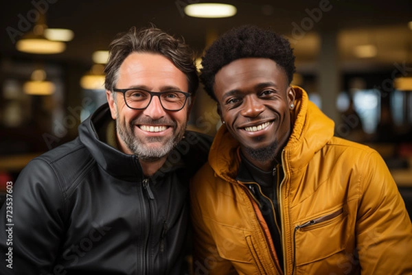 Fototapeta young black boy and white mature man looking at the camera while smiling