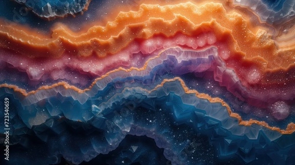 Obraz The geode's layers evoke a cosmic scene, with starry blue depths giving way to vibrant sunset orange crests
