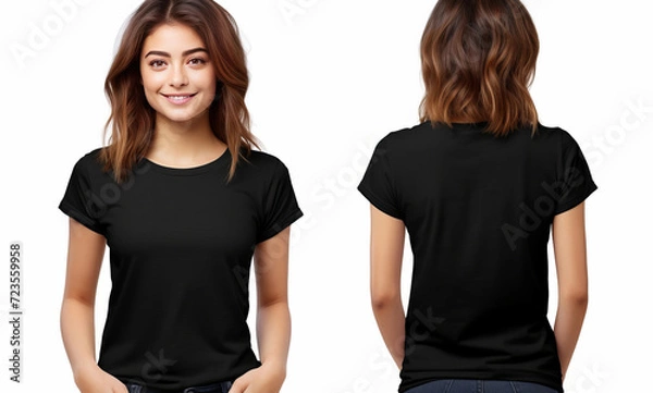 Obraz A woman or girl is wearing a black t-shirt with half sleeves, both on the front and back sides.	
