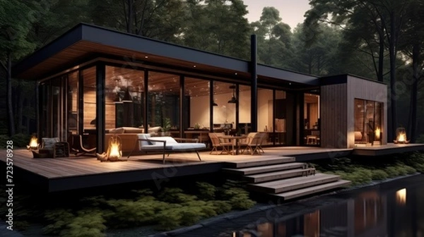 Obraz Minimalist resort style wooden house. Generative Ai