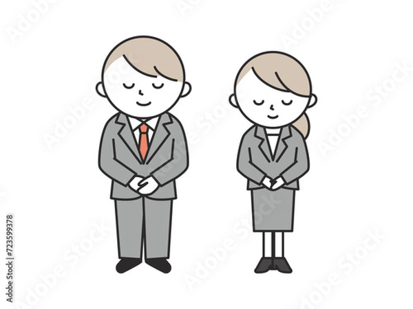 Fototapeta 笑顔でお辞儀をするスーツ姿の若い男性と女性