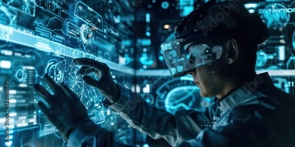 Fototapeta Engineer working in the digital realm of the future, harnessing the power of artificial intelligence for complex calculations and data analysis.