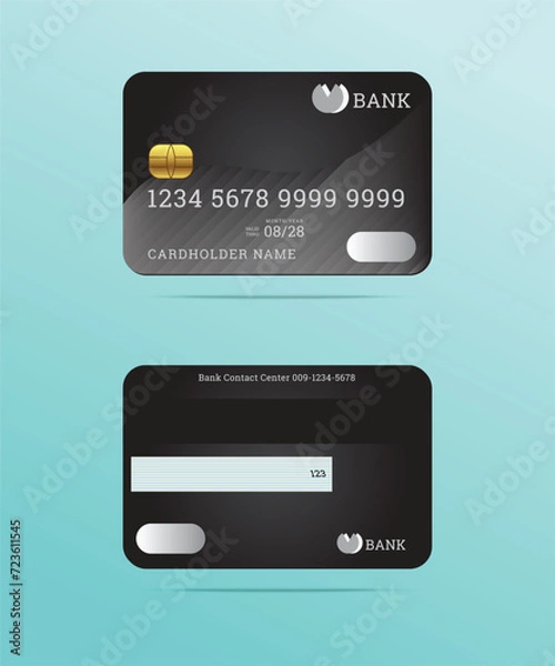 Obraz Realistic credit cards front and back color detailed black card with cardholder name,bank logo,magnetic stripe,signature blank,isolated vector on green background