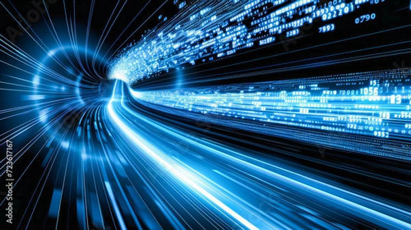 Obraz Futuristic Technology and Abstract Blue Light: Digital Road Tunnel in a City Network Concept