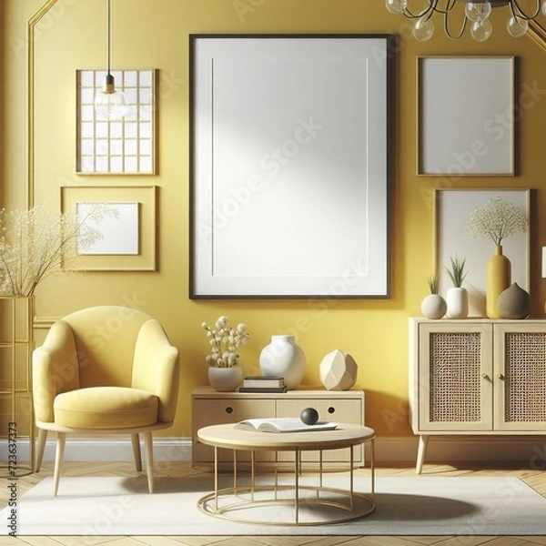 Fototapeta Blank picture frame mock up in yellow color room interior 3d rendering