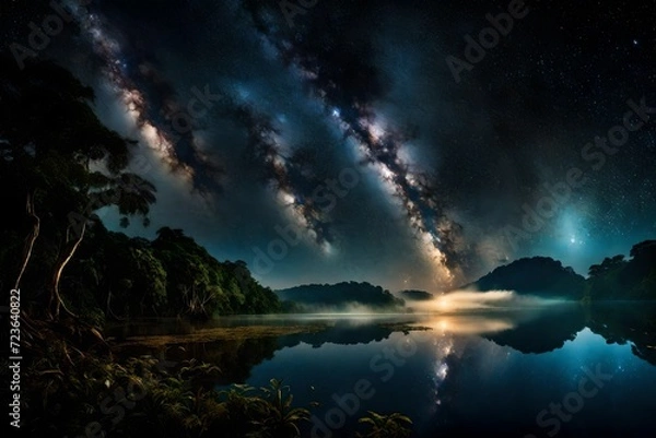 Fototapeta A serene Amazon River under a blanket of stars; the celestial tapestry paints the night sky, adding a surreal dimension to the landscape.