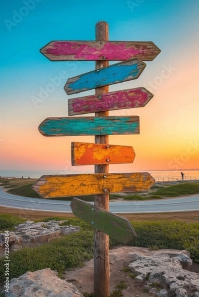 Fototapeta Wooden signpost with multiple colorful arrow signs pointing in different directions against a scenic sunset sky