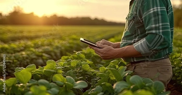 Fototapeta Farmer using tablet in field examining crop growth and quality. Modern scene with man holding digital device in green farmland. Agricultural worker in nature using smart technology for farming