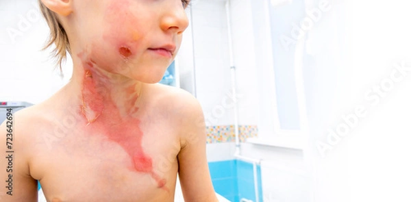 Obraz medical procedure dressing a boy with a first-degree burn from boiling water on his face, neck and chest