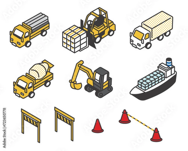 Obraz 重機や貨物船などの働く車のアイソメのベクターイラスト素材