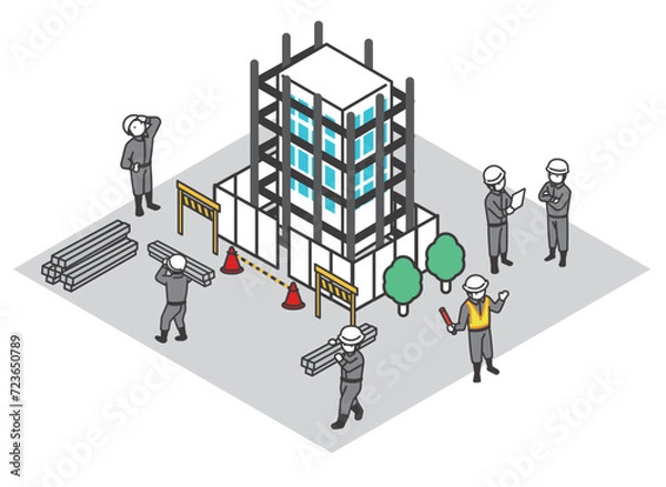 Obraz 建設現場がある街並みのアイソメベクターイラスト素材