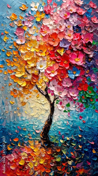 Fototapeta Abstract oil painting of a tree with colorful leaves. Colorful autumn background.