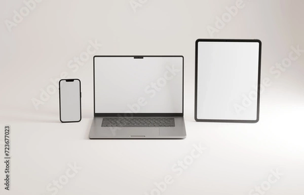 Fototapeta High end phone, tablet and laptop (silver) on white studio backdrop. Blank mockup template screen.