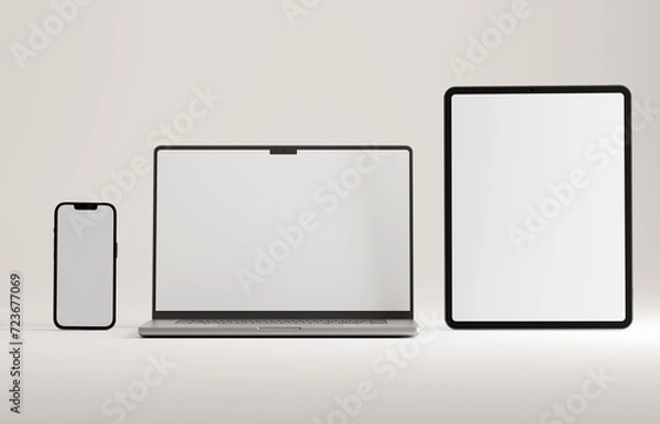 Fototapeta High end phone, tablet and laptop (silver) on white studio backdrop. Blank mockup template screen.