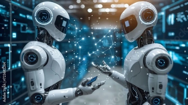 Fototapeta Interaction entre deux robots humanoïdes dans un environnement virtuel