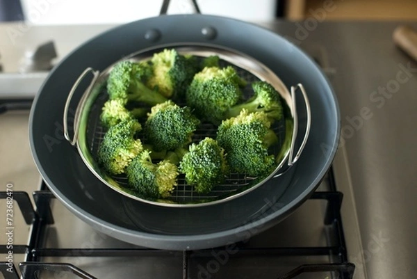 Fototapeta フライパンで蒸すためにブロッコリーを並べたところ