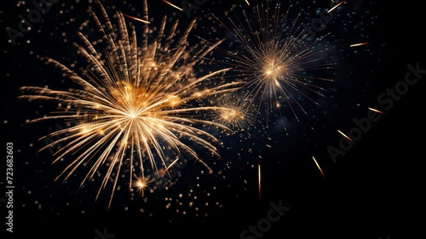 Fototapeta Golden fireworks isolated layer on black background, night festive view abstract