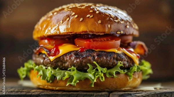 Fototapeta cheeseburger with lettuce, tomato, onion, and melted american cheese with panoramic composition