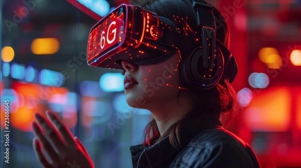Fototapeta Expérience VR Futuriste avec 6G - Cyberpunk