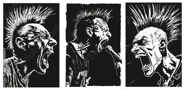 Fototapeta Punk's Not Dead. Screaming punk with mohawk hair isolated on black background. grunge linocut style illustration