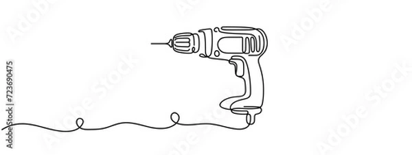 Obraz Screwdriver, drill, construction tool, tighten screws, make a hole hole in the material one line art. Continuous line drawing of repair, professional with inscription, lettering, handwritten.
