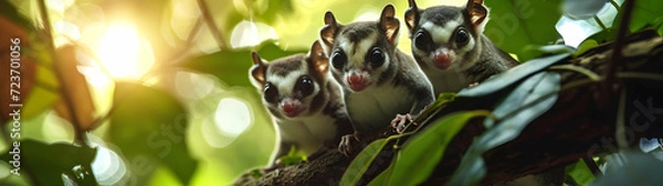Fototapeta Sugar gliders in the forest with setting sun shining. Group of wild animals in nature. Horizontal, banner.
