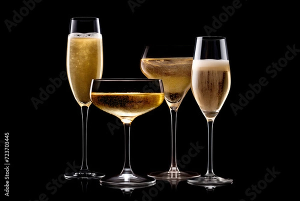 Fototapeta Set of crystal-clear flute glass of champagne isolated on black background