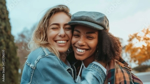 Fototapeta close-up photo of two smiling women hugging each other