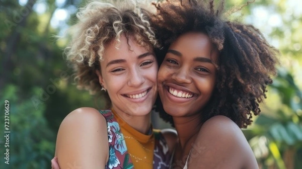 Fototapeta close-up photo of two smiling women hugging each other