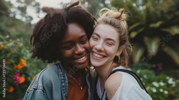 Fototapeta close-up photo of two smiling women hugging each other