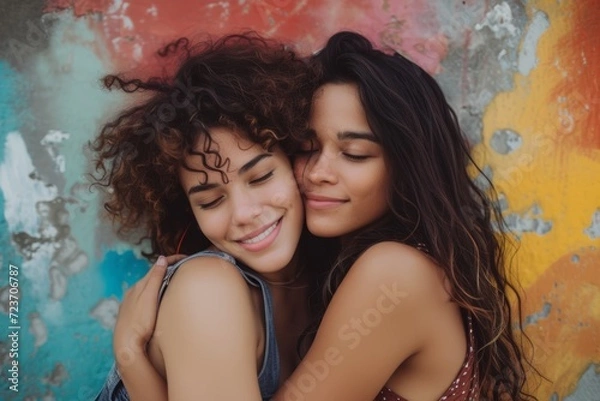 Fototapeta close-up photo of two smiling women hugging each other